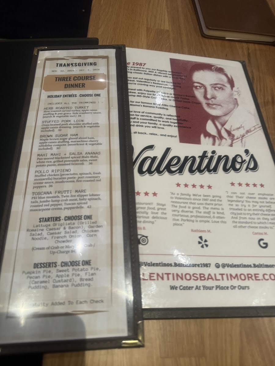Valentino's Restaurant Menu - Image 1